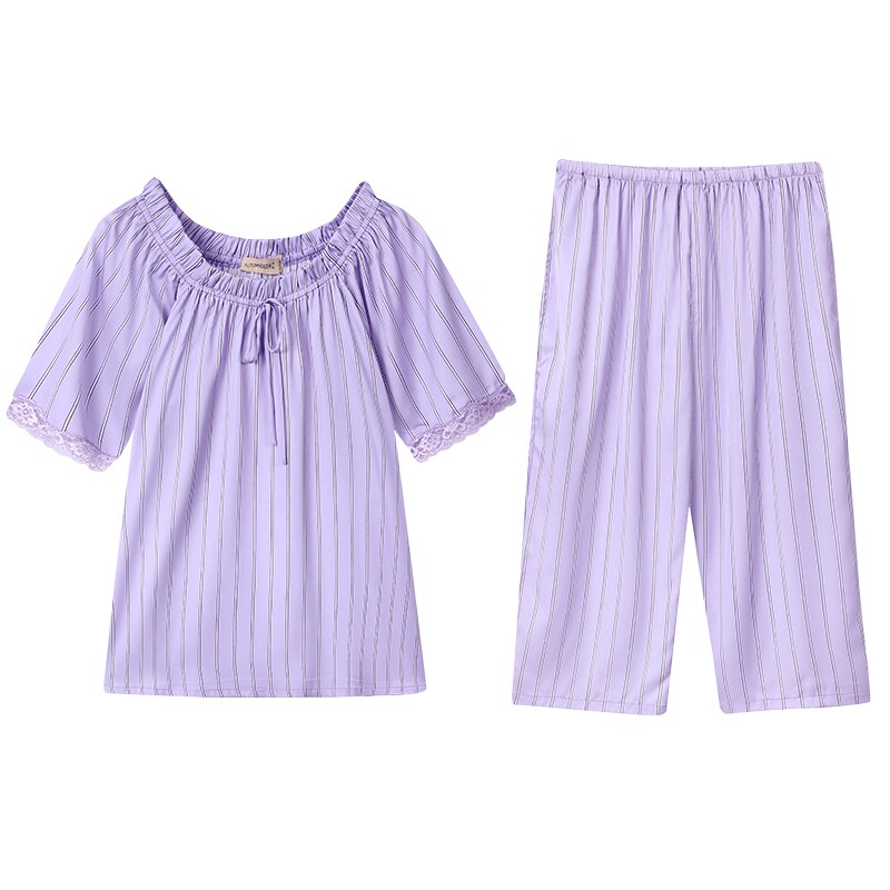 秋鹿冰丝拼接蕾丝睡衣夏天女简约圆领短袖七分裤丝绸家居服两件套