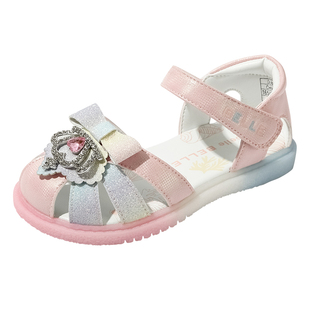 百丽童鞋小皇冠公主鞋夏款透气舒适小女孩水晶鞋洋气百搭包头凉鞋