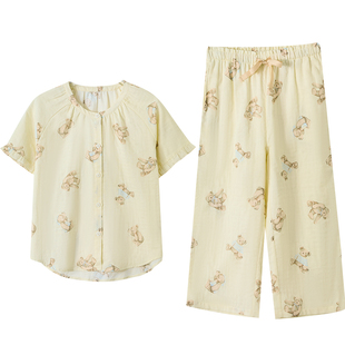 红豆【呼吸棉】短袖七分裤睡衣女套装纯棉双层纱布小熊可爱26春夏