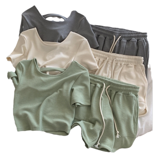 ins超火休闲运动套装女松紧腰短裤修身短袖T恤两件套学生潮牌夏装