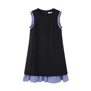 LILY2025新款女装法式气质通勤黑色A字背心裙拼接无袖连衣裙