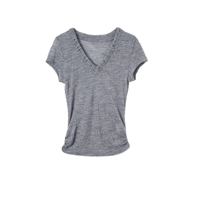 ACOSEY 25SS 100%澳洲羊毛提花羊毛褶皱V领修身短袖T恤