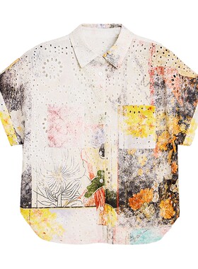 Desigual26秋冬新品镂空刺绣复古拼贴花卉版画翻领短袖女式衬衫