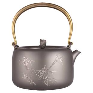 纯钛烧水壶茶道高端煮水壶北村静香经典1L提梁壶带雕刻煮茶壶礼品