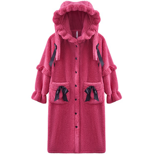 红豆女士睡袍加厚泡泡绒连帽浴袍冬季睡衣可爱珊瑚绒新款家居服