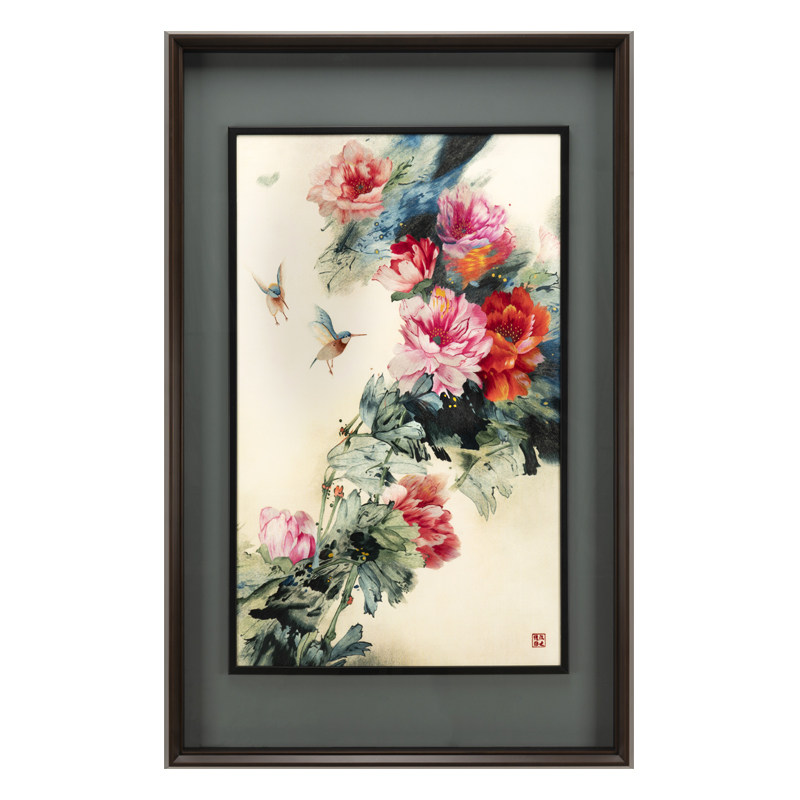 蜂鸟牡丹苏绣装饰画手工刺绣玄关