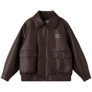 【弗里杂志】小牛皮纹感复古皮衣夹克美式棕色外套上衣男女儿童