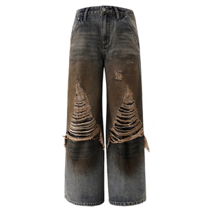 BJHG不计后果复古水洗做旧破洞牛仔裤男春季美式直筒阔腿休闲裤女