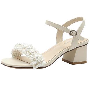 大东时尚一字带凉鞋女夏季新款甜美高跟粗跟露趾中空女鞋0019