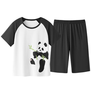 松山棉店儿童家居服套装50支莫代尔薄款睡衣男童女孩短袖熊猫印花