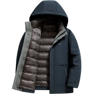 雪中飞男士羽绒服连帽加厚内胆可脱卸鹅绒服中老年爸爸装冬季外套