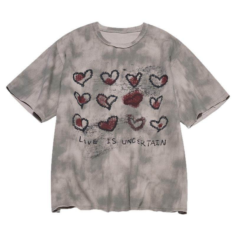 STILLYOU原创废土风做旧晕染爱心涂鸦针织短袖T恤男女情侣t-shirt