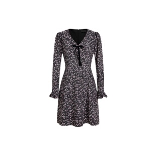 HeyDress蝴蝶结碎花连衣裙女春季法式复古收腰V领甜酷气质短裙子