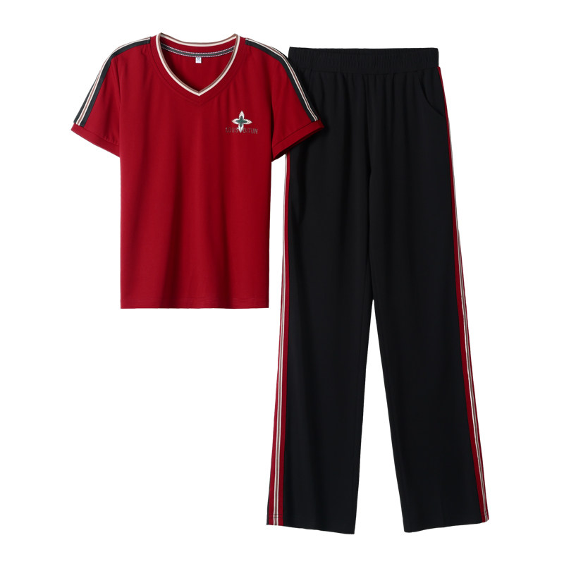 运动装套装女夏季薄款2025新款宽松洋气女士V领短袖休闲服两件套