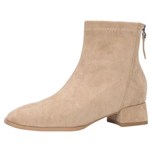 绒面粗跟短靴2025年新款秋冬中跟瘦瘦裸色单靴高跟马丁靴女软面靴