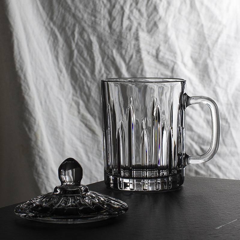 丽尊直身条纹透明杯盖茶杯玻璃把手水杯扎啤带杯把杯会议室杯牛奶