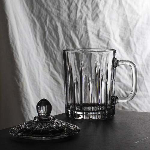 丽尊直身条纹透明杯杯会议室扎啤茶杯水杯把玻璃杯盖牛奶带杯把手