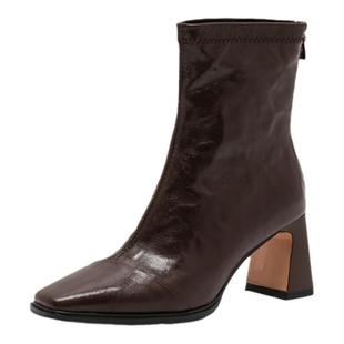 真皮短靴女2025春秋新款方头美拉德风秋冬季小码32高跟瘦瘦女靴子