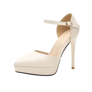 12cm一字带防水台高跟鞋小码31 32 33细跟职业性感黑色尖头单鞋女