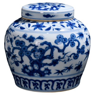 仿明成化青花岁寒三友天字罐