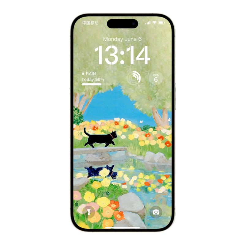 春日河边散步小猫治愈系苹果手机设计素材/源文件