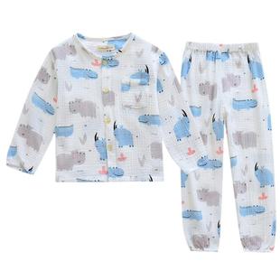 儿童春夏薄款纯棉纱布水洗起皱全棉男童睡衣套收口式春秋家居服