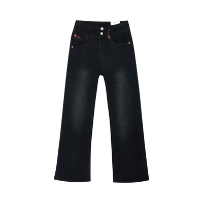 快鱼2025冬季女生复古高腰微喇裤加厚简约百搭女生保暖牛仔裤