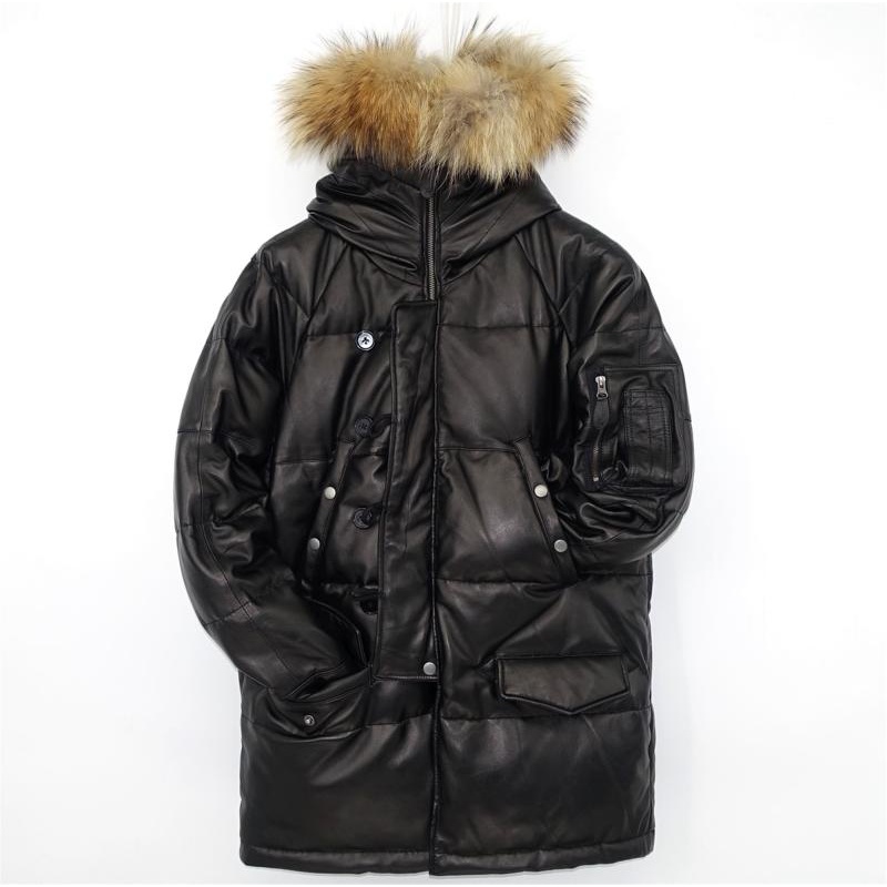 进口头层小牛犊皮日版N3-B真皮羽绒服中长款毛领连帽大衣冬季保暖