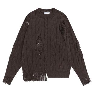 From Mars 时间证明 美式潮牌高街破烂流苏设计女装圆领宽松毛衣
