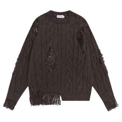 破烂流苏设计女装圆领宽松毛衣