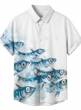 3d数码印花鱼类休闲夏季短袖衬衫