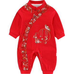 新生婴儿满月衣服秋季女宝宝喜庆拜年服红色连体衣百天1周岁2礼服