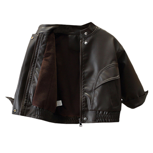 男童冬季皮衣外套2025新款宝宝冬装加绒PU皮上衣儿童洋气时髦夹克