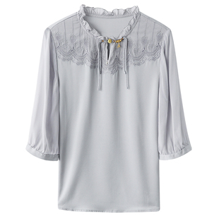重磅真丝绸衬衫女2025夏新款短袖刺绣花边透明纯色小衫桑蚕丝上衣