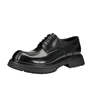 休闲皮鞋男2026秋季圆头厚底工装鞋真皮系带高品质鞋底帮透气男鞋