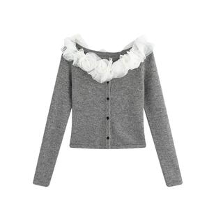 Marc Moore 24秋冬新款灰色羊毛针织立体花朵装饰领开衫外套女