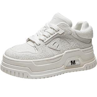 MIO米奥休闲板鞋女鞋春款水滴设计厚底增高6.5松糕钻饰小白鞋