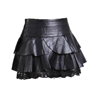 皮裙新款海宁秋冬百褶蕾丝
