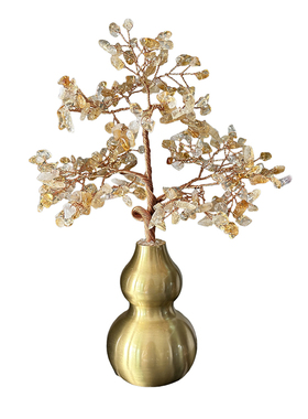 天然黄水晶铜葫芦发财树桌面摆件