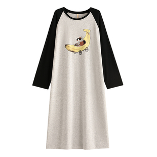 家乐芬睡裙女睡衣春秋季插肩纯棉长袖大码宽松时尚圆领长款长裙子