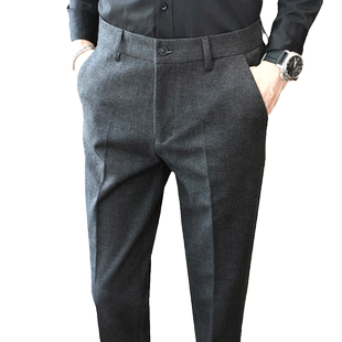 男裤子高端加厚款羊毛呢子秋冬季冬款小脚毛料商务细条纹男士西裤