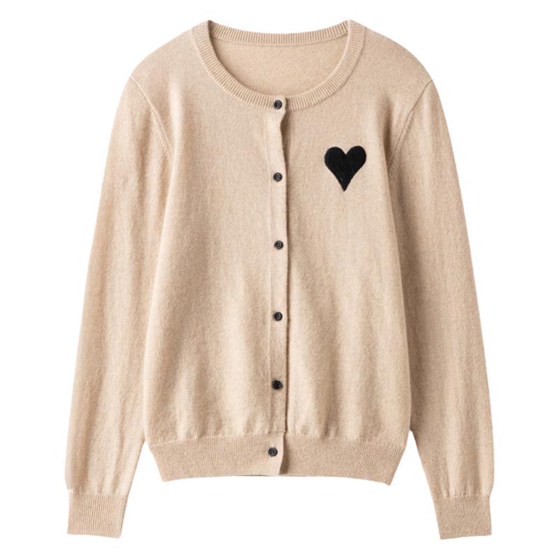 思诺芙德100%山羊绒开衫女25秋冬新款圆领爱心针织衫毛衣外搭外套