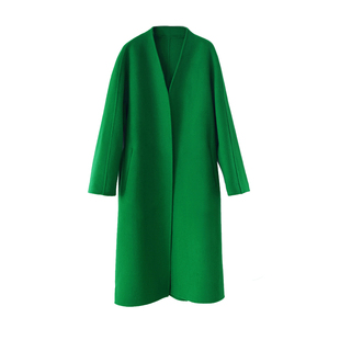 驼色无领双面羊绒呢大衣女2025新款高级感宽松中长款羊毛呢外套冬