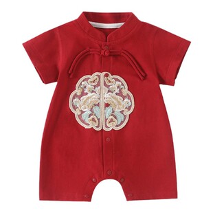 男宝百天宴衣服夏季薄款婴儿新中式连体衣夏装宝宝周岁礼服爬爬服