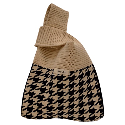 复古撞色针织手提包半镂空托特包