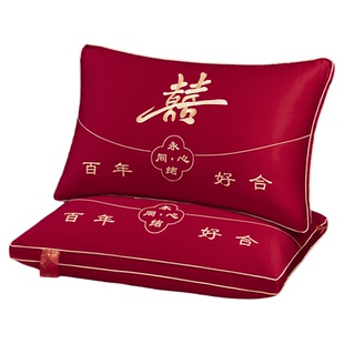 结婚红色枕头一对新款喜庆全棉刺绣新娘陪嫁新婚礼物高端婚庆枕芯