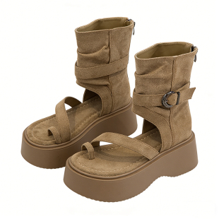 复古厚底罗马凉靴女2026新款夏季时尚百搭后拉链短靴增高罗马凉鞋