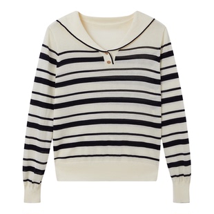 FINITY菲妮迪针织衫2026春新款学院风海军领莱赛尔条纹针织上衣女