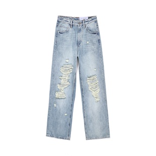 ABLE JEANS【拖地裤】女士复古水洗潮流宽松直筒破洞牛仔裤乞丐裤