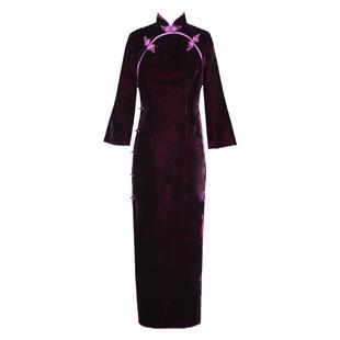 一恋倾城*三重门春秋真丝绒双襟旗袍桑蚕丝优雅大气九分袖新款女